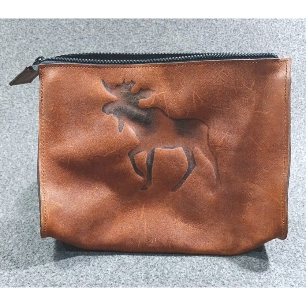 Two Bar West Brown Leather Moose Stamped Zipperd Satchel Bag